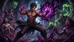 肌肉發達的戰士在大教堂中用紫色能量對抗發光的綠色惡魔。