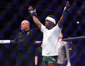 MMA選手在八角籠中高舉雙臂慶祝勝利。