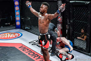 MMA 拳手在八角籠中慶祝擊敗倒下的對手。