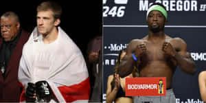 兩名男性UFC拳手在稱重活動中擺出戰鬥姿勢。