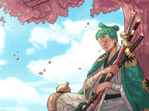 動漫劍士在櫻花樹下休息，花瓣飄落。 — 海賊王 壁紙