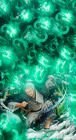 白髮動漫戰士在綠色能量和水中戰鬥。 — 海賊王 壁紙