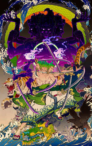 綠色頭髮的動漫戰士在暴風雨中與神話生物戰鬥。 — Galaxy Tab Active 壁紙