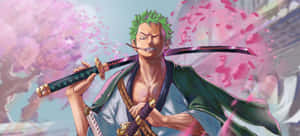 綠髮動漫戰士在櫻花下持劍。 — 海賊王 壁紙