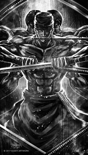 一位強大的武士戰士在黑白動畫插圖中手持兩把劍。