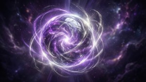 在繁星點點的星雲中，一個發光的紫色和白色宇宙漩渦。