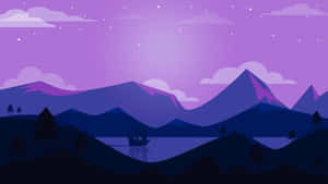紫色山湖場景，夜晚有船在星空下。 — 淺紫色動態圖片 壁紙