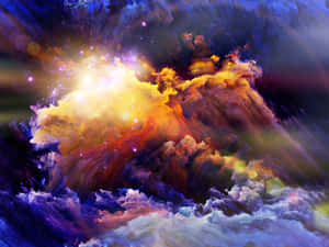 在黑暗的星空背景下，充滿活力的宇宙星雲閃耀著金色光芒。