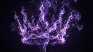 一個由旋轉的紫色煙霧製成的王冠，背景為黑暗