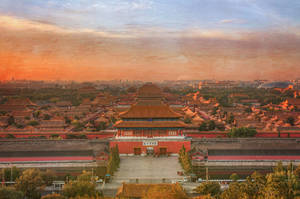 日落時分的故宮，橙色天空和紅牆 — 中國 壁紙