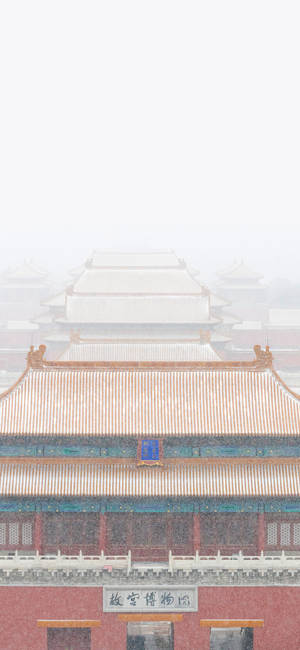 在朦朧的冬日天空下，故宮屋頂被白雪覆蓋。