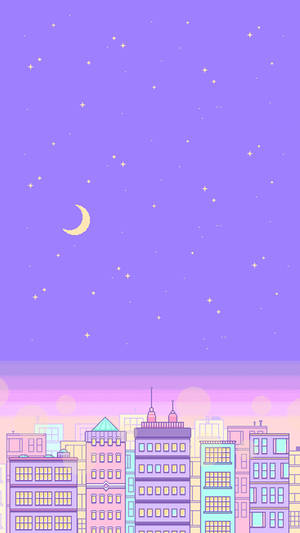 在繁星點點的紫色夜空下，新月映襯的柔和色調城市天際線。 — 深紫色美學 GIF 壁紙