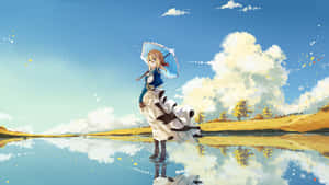 動漫女孩持傘站在池塘中，倒映天空和雲朵