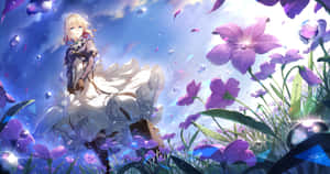 動漫女孩穿著白色連衣裙，被發光的紫色花朵包圍，在藍天下
