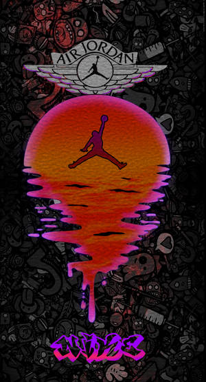 Air Jordan 標誌，帶有跳躍的剪影，位於滴落的日落之上，背景是黑暗的塗鴉背景。