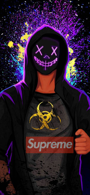 穿黑色連帽衫的人，戴著發光面具和Supreme biohazard T恤。