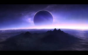 紫色外星行星在暮色中籠罩著崎嶇的山脈。