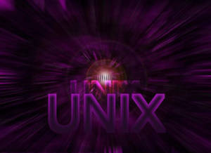 在充滿輻射光條的數位隧道中，發光的紫色UNIX文字。
