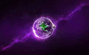發光的行星，帶有綠色大陸，在紫色星雲中與星星一起