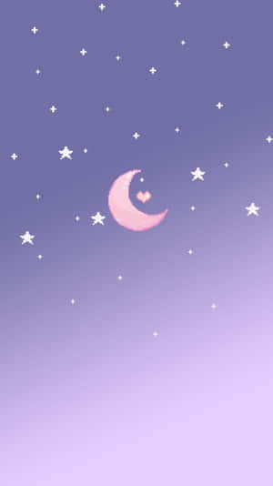 星空下帶有心形的粉紅色像素月亮 — 淺紫色動態圖片 壁紙