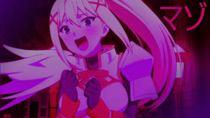粉紅髮動漫女孩在霓虹城市場景中微笑 — 深紫色美學 GIF 壁紙