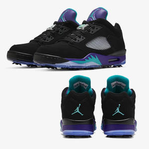 黑色Air Jordan 5高爾夫球鞋，帶有紫色和藍綠色細節，正面和背面展示。