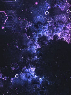 紫色和藍色的宇宙星雲，帶有漂浮在太空中的發光六邊形。