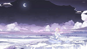 動漫女孩坐在雪地上，星空下新月高掛。