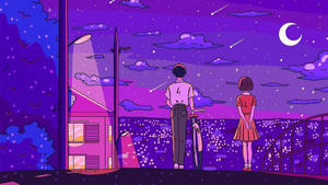 兩個人站在橋上，看著有新月和星星的夜空。 — 深紫色美學 GIF 壁紙