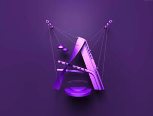 時尚的紫色3D字母A，用金屬線懸掛著幾何球體。