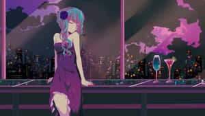 穿著紫色連衣裙的動漫女孩在霓虹酒吧俯瞰城市夜景