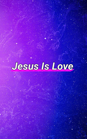 紫色和藍色宇宙背景，帶有白色文字 Jesus Is Love，並以粉紅色底線標示。 — 紫色 iPhone 壁紙