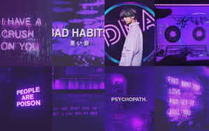紫色拼貼畫，包含文字引用和一個在霓虹燈中的人物。 — 紫色美學 壁紙