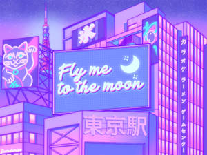 霓虹燈照亮東京城市夜景，閃爍的標誌和「Fly me to the moon」廣告牌。 — 紫色 壁紙