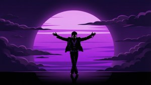 一個剪影人物張開雙臂，背景是紫色月亮和雲層。 — 王子 壁紙