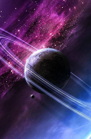 色彩繽紛的宇宙星雲中，一顆帶有發光環的黑暗行星。
