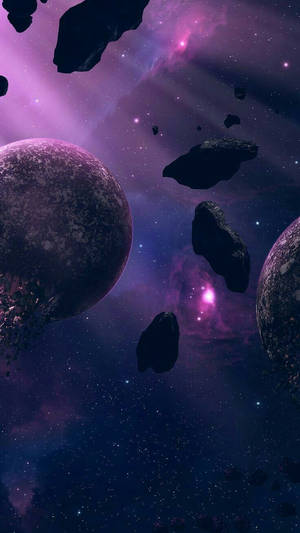 紫色星雲和小行星在深空中漂浮在兩顆大型隕石坑行星之間。 — 太空 壁紙