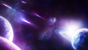 兩顆帶有環的行星和流星劃過色彩繽紛的星雲。