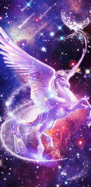 一隻發光的飛馬獨角獸在星空宇宙中奔跑。