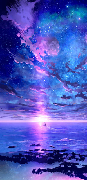 一艘帆船在發光的海洋上，星空下紫色和藍色的天空。