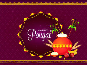 Happy Pongal節日插畫，紫色背景上有米鍋、水果和棕櫚葉