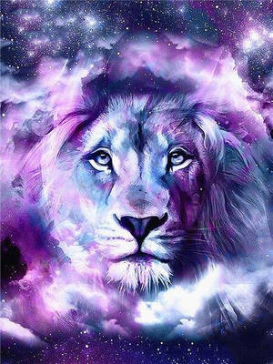 獅子的臉被充滿活力的宇宙雲和星星包圍。 — 深紫色美學 GIF 壁紙