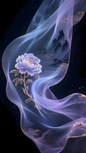 一朵發光的藍色牡丹花從旋轉的薰衣草煙霧中浮現，背後顯現出霧氣繚繞的山景。 — 1440x2560 壁紙