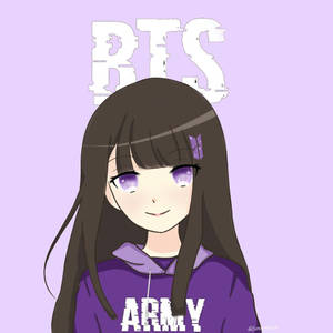 穿著紫色連帽衫的動漫女孩，帶有BTS和ARMY文字，在薰衣草背景上微笑。