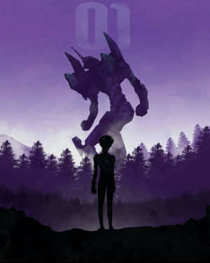 一個人的剪影在紫色的暮色森林中面對巨大的 Evangelion 機械人。