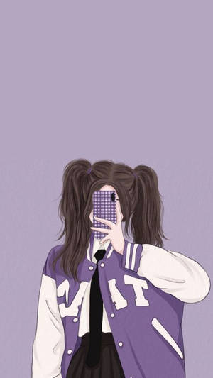 紮著雙馬尾的女孩穿著紫色Varsity外套自拍。