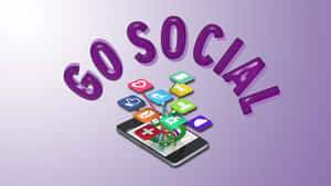 帶有浮動社交媒體圖標和3D「GO SOCIAL」文字的手機。 — 紫色 iPhone 壁紙