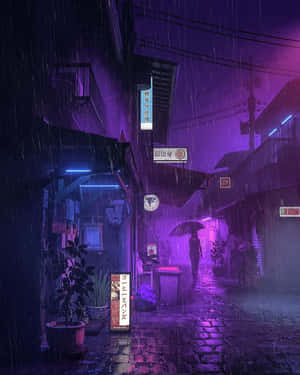 夜晚，一個人撐著傘走在雨中的霓虹小巷。 — 粉紅動漫美學 壁紙