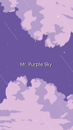 紫色天空配蓬鬆雲朵和星星，帶有文字 Mr. Purple Sky。