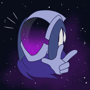 一個紫色卡通太空人在太空中指著觀眾，周圍有星星。